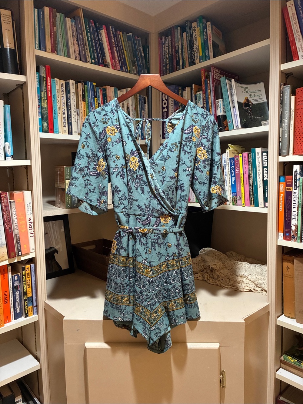 Blue Rain Teal with Yellow Accents Floral Boho Wrap Romper Tie Waist Medium